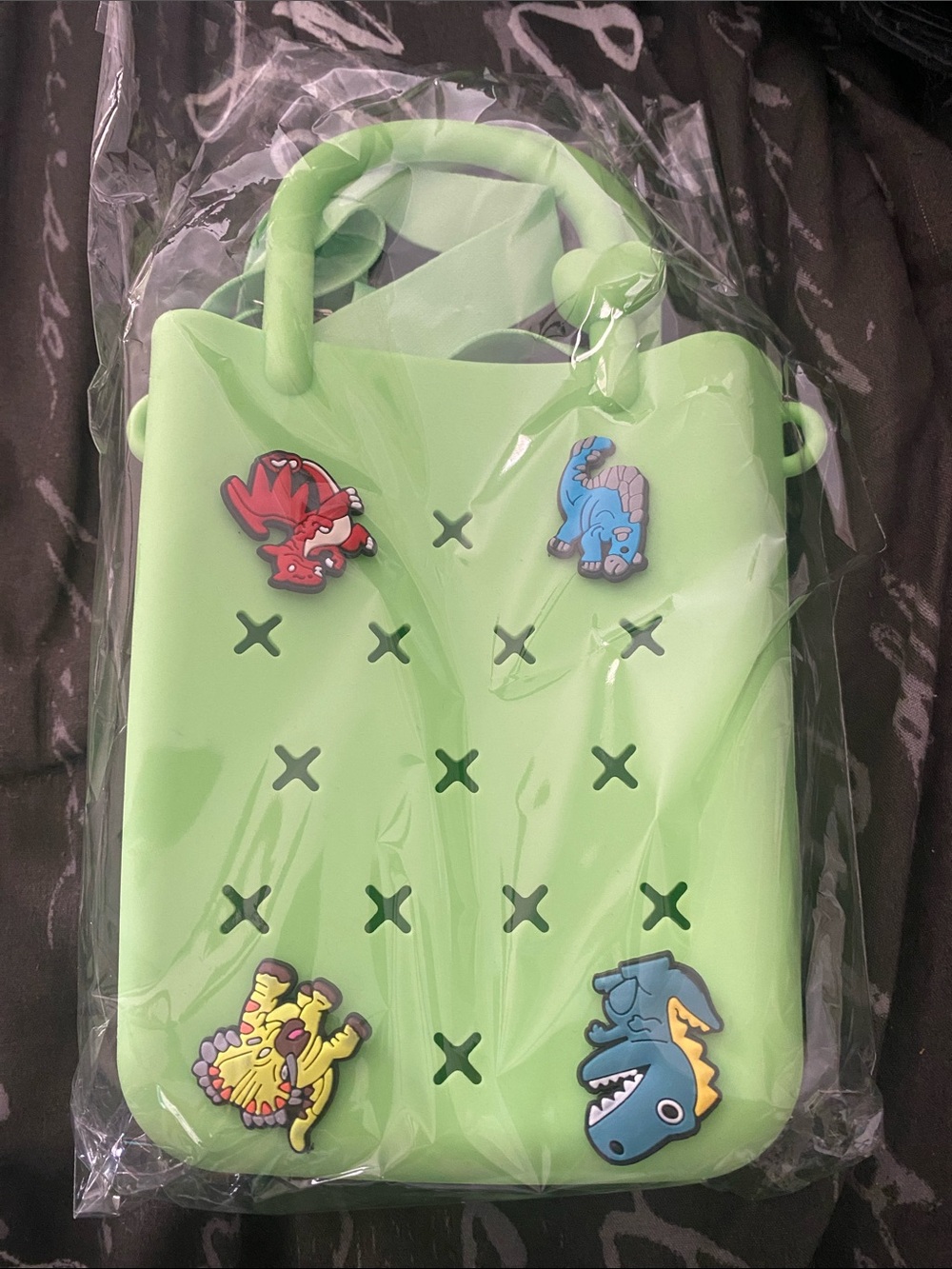 Kids Lime Green Silicone Charm Tote Bag - Cute Dinosaur Charms